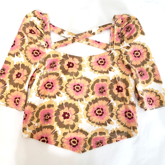 Free People Women's SIZE XL Floral Crop Top Puff 3/4 Sleeves OB1472617 Pink - Picture 7 of 11